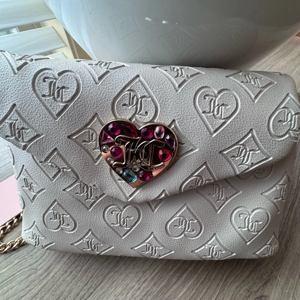 Juicy Couture Cream Embossed Wristlet Clutch with Heart Accent
